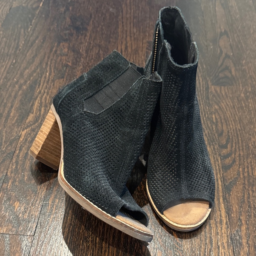Toms Black Textured Peep-Toe Ankle Boots